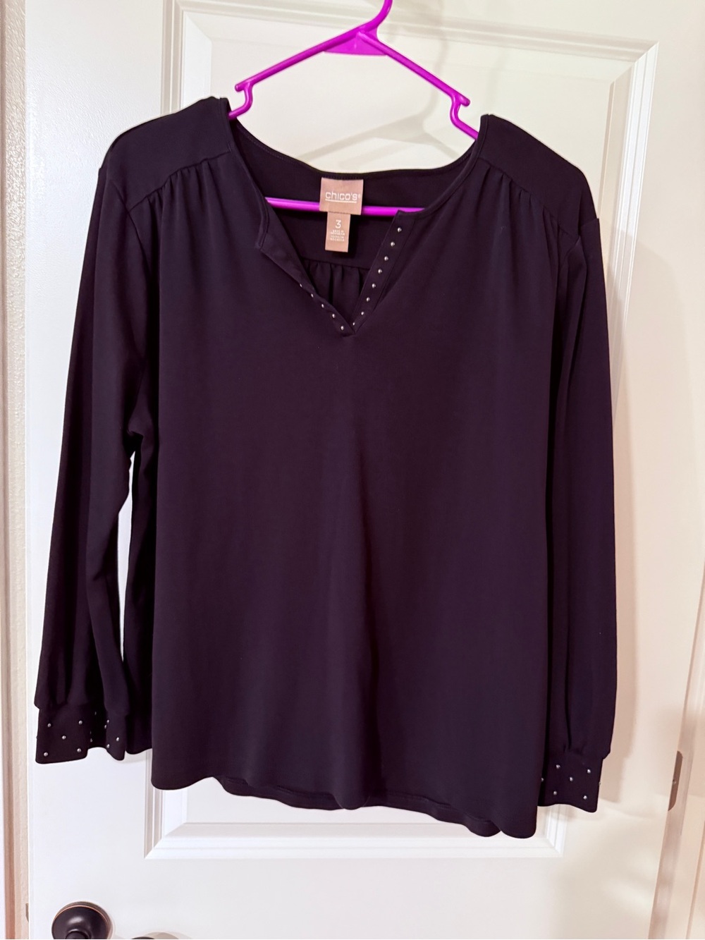 Chico's Black Long-Sleeve V-Neck Top with Stud Detail